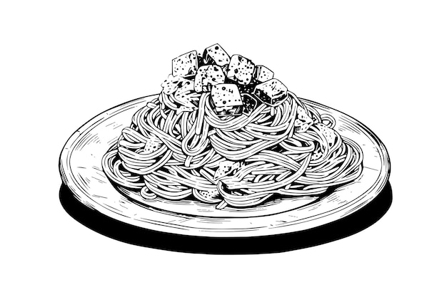 Vector italiaanse pasta spaghetti op een bordvork met spaghetti vectorillustratie gravurestijl