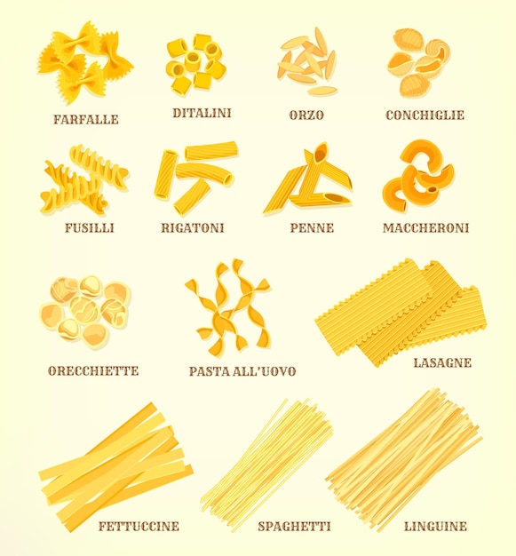 Vector italiaanse pastasoorten of soorten vectorpictogrammen