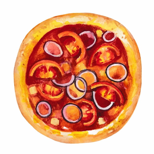 Vector italiaanse pizza bovenaanzicht aquarel hand getekende illustratie geïsoleerd op een witte achtergrond