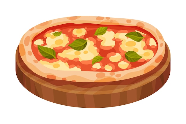 Italiaanse pizza met ronde afgeplatte deeg bekroond met gesneden tomaten en groene vectorillustratie