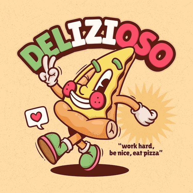 Italiaanse Pizza Trendy Retro Cartoon Vector Hand getrokken