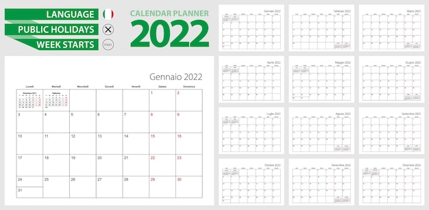 Agenda in italiano per il 2022. lingua italiana, la settimana inizia da lunedì.