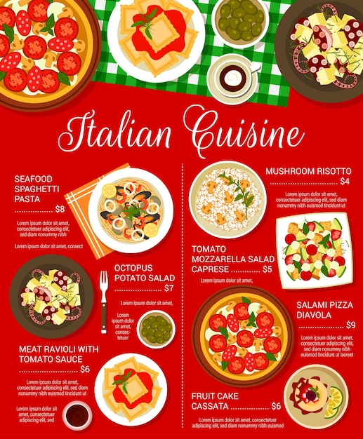 Vector italian cuisine food menu page vector template