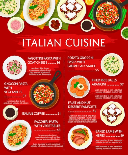 Cucina italiana cibo menu pasta carne verdure