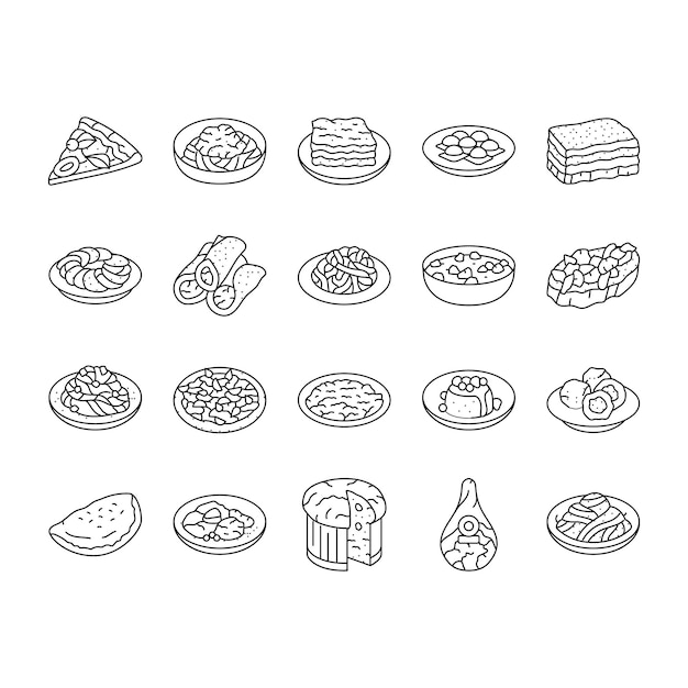 Italian cuisine food pasta icons set vector