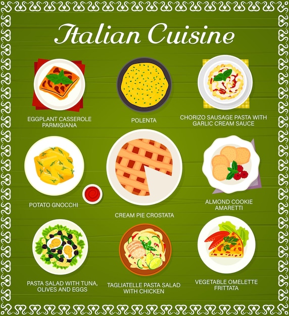 Pagina vettoriale del menu dei piatti e dei pasti della cucina italiana