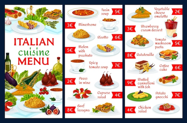 Vector italian cuisine vector menu template italy food