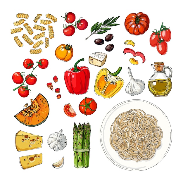 Italian cuisine vector sketch. Pasta, vegetables, peppers, tomatoes