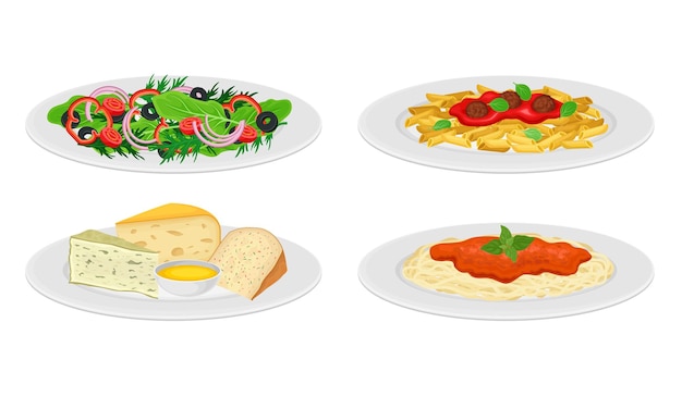 Вектор Итальянские блюда с сырными плитами и макаронами с томатным соусом, подаваемые на тарелках.