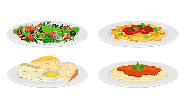 Italian dishes with cheese slabs and pasta with tomato sauce served on plates side view vector set