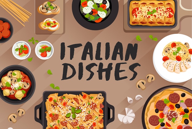 Illustrazione di cibo cibo italiano in illustrazione vettoriale vista dall'alto