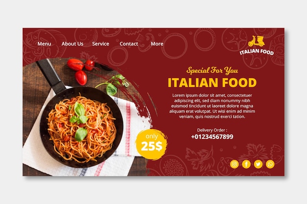 Vettore modello di pagina di destinazione del cibo italiano