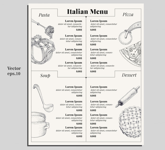 Italian food menu of different pasta, pizza, soup and dessert.