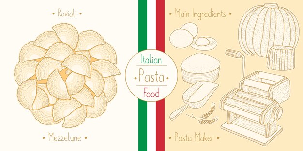 Vettore pasta alimentare italiana con ripieno di mezzelune di ravioli