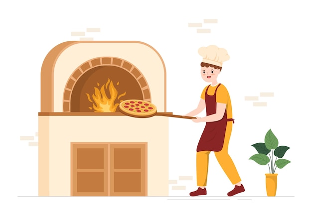 Vettore ristorante o caffetteria con cucina italiana con chef che prepara la pizza tradizionale italiana nell'illustrazione