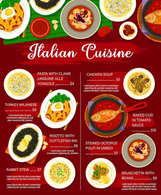 Italian food restaurant meals menu vector template