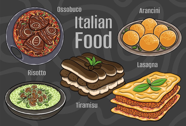 Vector italian food a set of classic dishes cartoon hand drawn illustration