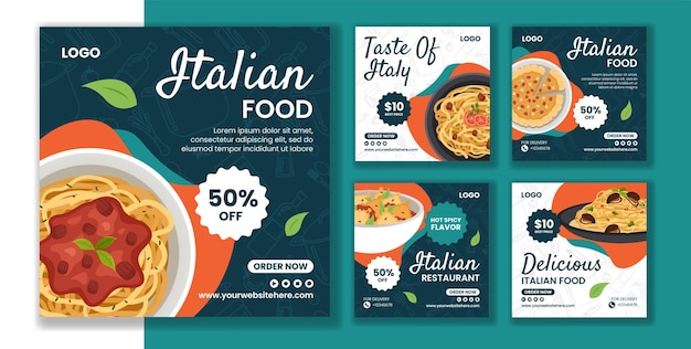 italian food social media post flat cartoon hand drawn templates background illustration