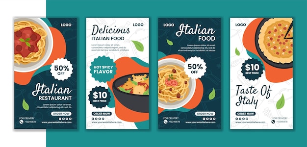 Vector italian food social media stories flat cartoon hand drawn templates background illustration