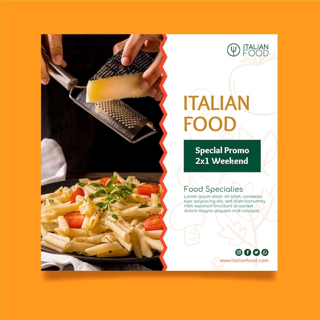 Vettore volantino quadrato modello di cibo italiano