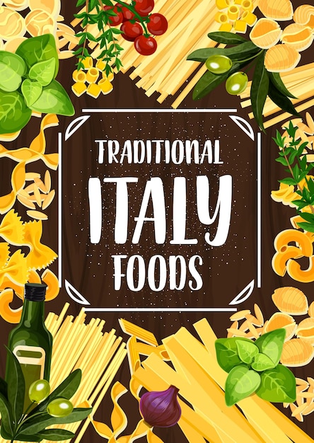 Vettore cibo italiano con pasta pomodoro ed erbe aromatiche