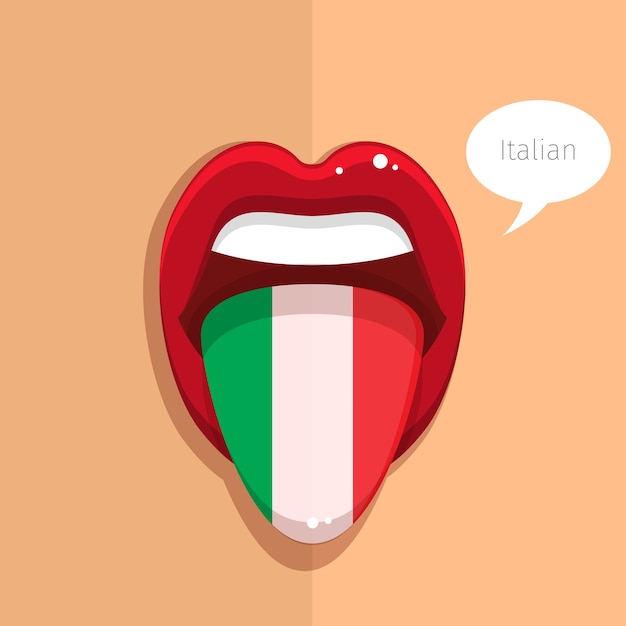 ベクトル イタリア語の舌はイタリア国旗の女性の顔と口を開けるフラットデザインイラスト