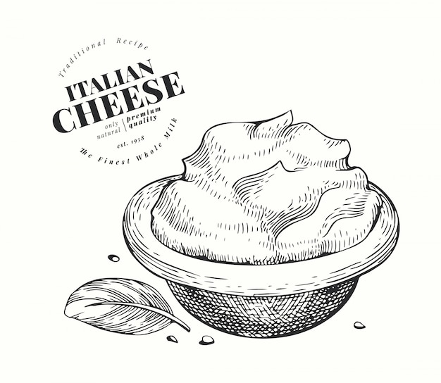 Mascarpone italiano illustrazione. disegnata a mano illustrazione da latte. crema di formaggio in stile inciso. illustrazione di cibo vintage