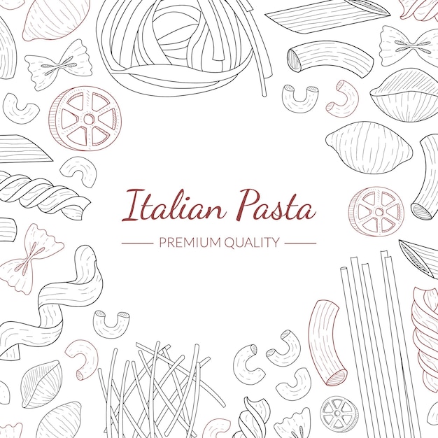 Vettore italian pasta banner template prodotti della cucina tradizionale menù alimentare ristorante cafè flyer card affari promozione illustrazione vettoriale disegnata a mano