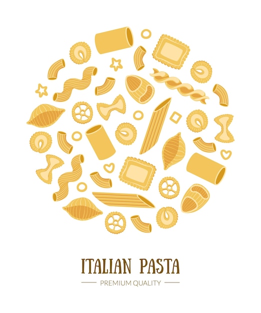 Italian Pasta Banner Template with Different Types of Traditional Pasta of Round Shape Can Be Used for Menu Packaging Fyer Card Vector Illustration Web Design