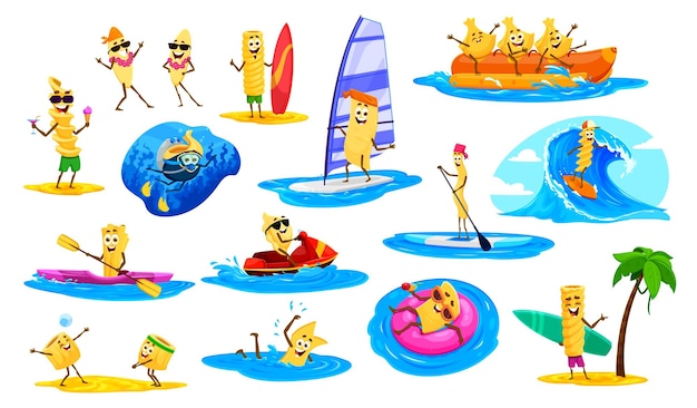 Vector italian pasta characters on summer beach vacation