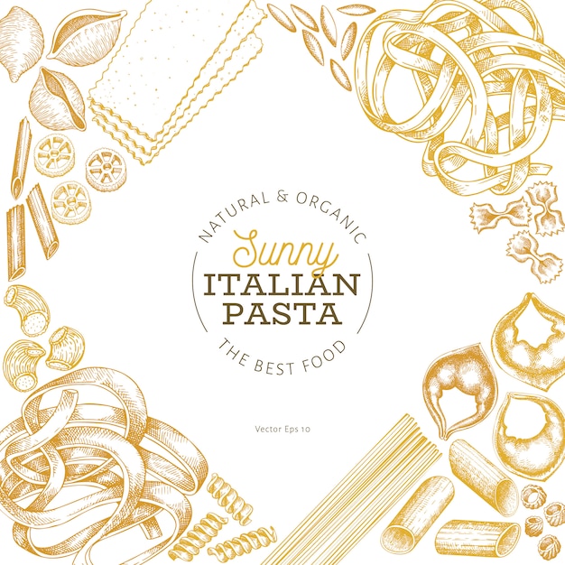 Design di pasta italiana. illustrazione di cibo di vettore disegnato a mano. stile inciso diversi tipi di pasta retrò.