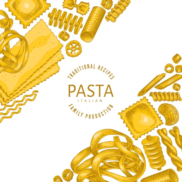 イタリアのパスタデザインテンプレート。手描きのベクトル食品イラスト。ヴィンテージパスタの種類の背景。