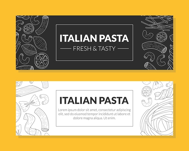 イタリアン パスタ 鮮やかで美味しい カード テンプレート セット 伝統的な料理 製品 パターン 食事 メニュー レストラン カフェ デザイン エレメント ランディング ページ フライヤー カード 手描き ベクトル イラスト