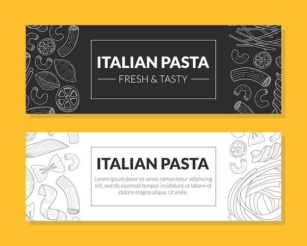 Italian Pasta Fresh and Tasty Card Templates Set Traditional Cuisine Products Pattern Food Menu Restaurant Cafe Design Element Landing Page Flyer Card Hand Drawn Vector Illustration