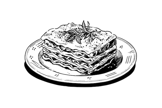Italian pasta lasagna on a plate fork with spaghetti vector engraving style illustration