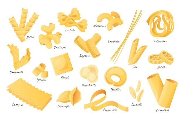 Italian pasta shapes fettuccine spaghetti and lasagna dry cannelloni ravioli and macaroni pasta ingredients cartoon vector illustration set