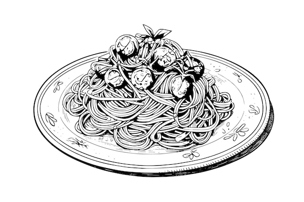 Вектор Итальянская паста спагетти на тарелке с векторной гравировкой спагетти