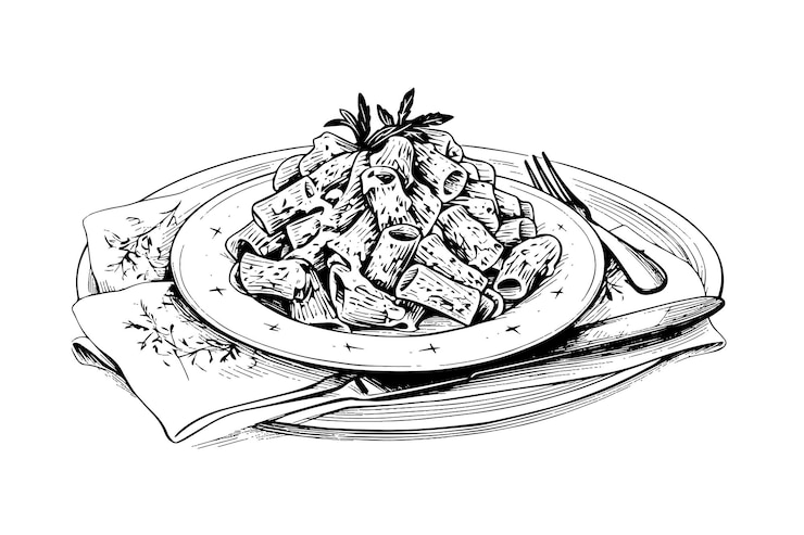 Vector italian pasta spaghetti on a plate fork with spaghetti vector engraving style illustration