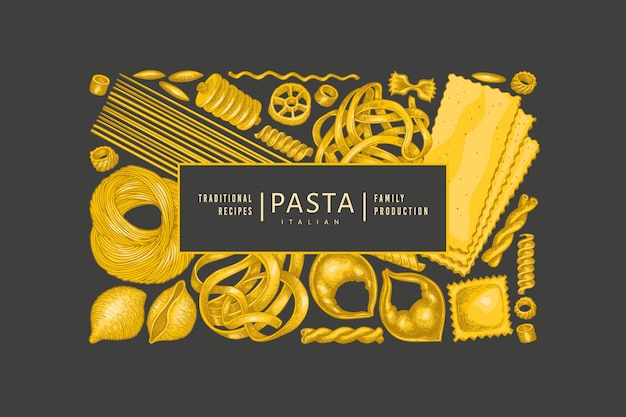 Vettore modello di pasta italiana. illustrazione di cibo disegnato a mano su sfondo scuro. sfondo di diversi tipi di pasta vintage.