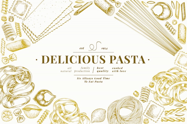 Italian pasta  template. hand drawn  food illustration. engraved style.