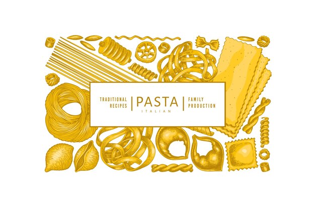 Vettore modello di pasta italiana. illustrazione di cibo disegnato a mano. sfondo di diversi tipi di pasta vintage.