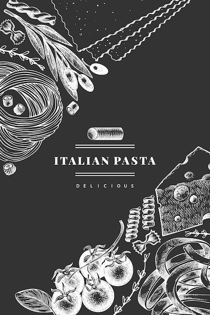 Italian pasta with additions . hand drawn  food illustration on chalk board. engraved style. vintage pasta different kinds background.