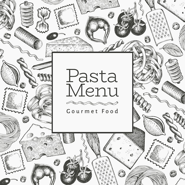 Pasta italiana con modello di aggiunte. illustrazione cibo disegnato a mano. stile inciso. sfondo di diversi tipi di pasta vintage.