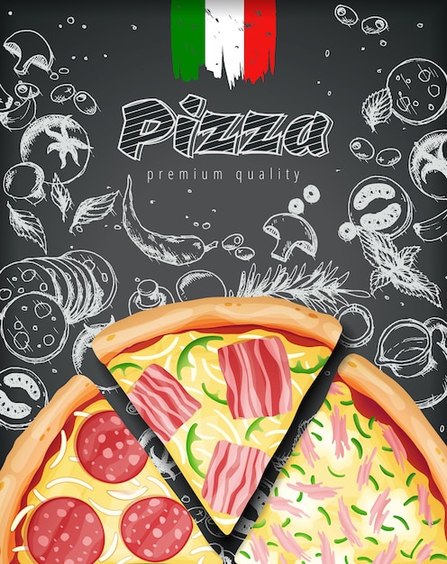 Italian pizza ads or menu with illustration rich toppings dough on engraved style chalk doodle background.