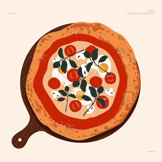 Italian pizza design template. Pizza with egg, basil, parsley, tomatoes and mushrooms.