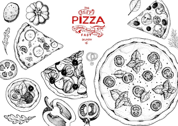 Vettore pizza italiana e ingredienti cornice vista dall'alto modello di progettazione menu cibo italiano illustrazione vettoriale schizzo disegnato a mano vintage illustrazione in stile inciso etichetta pizza per menu