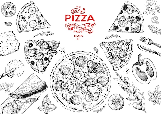 Pizza italiana e ingredienti cornice vista dall'alto modello di progettazione menu cibo italiano illustrazione vettoriale schizzo disegnato a mano vintage illustrazione in stile inciso etichetta pizza per menu