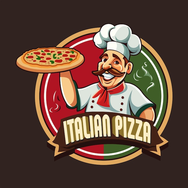 Vettore logo della pizza italiana con uno chef che tiene una pizza