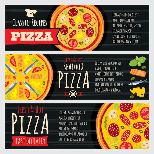 Vector italian pizza and pizzeria restaurant vector horizontal banners