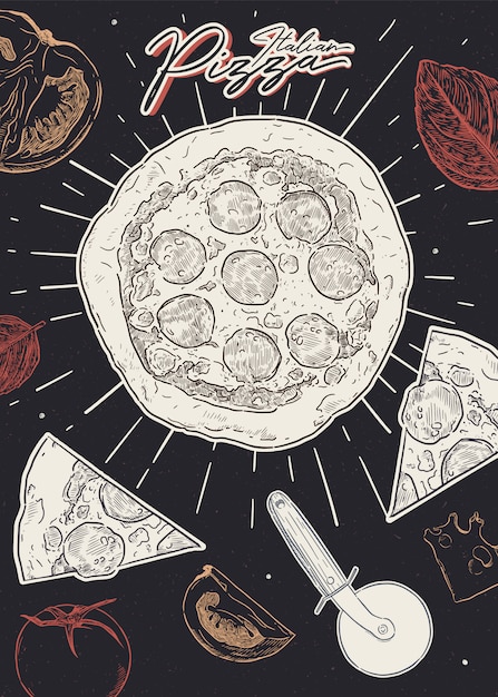 Vector italian pizza poster, hand draw sketch vector.